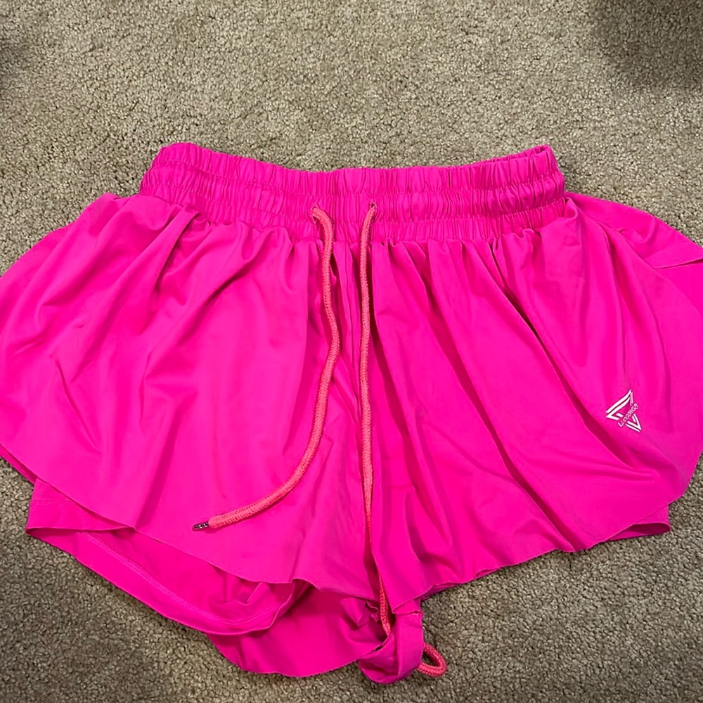 Hot pink athletic flow shorts, brand is Luogongzi, built in shorts, dry-fit